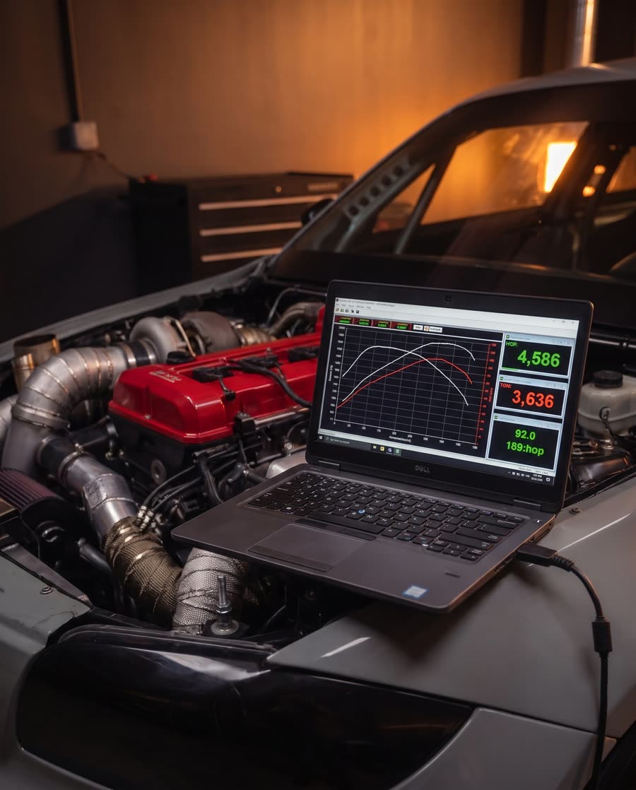 Laptop pe aripa E81-ului, cu diagramele de putere și cuplu de pe DYNO, lângă motorul turbo